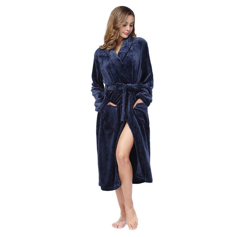 RONGTAI Womens Bathrobe Ladies Fleece Plush Warm Long Robes (Medium,Navy Blue) - Image 5